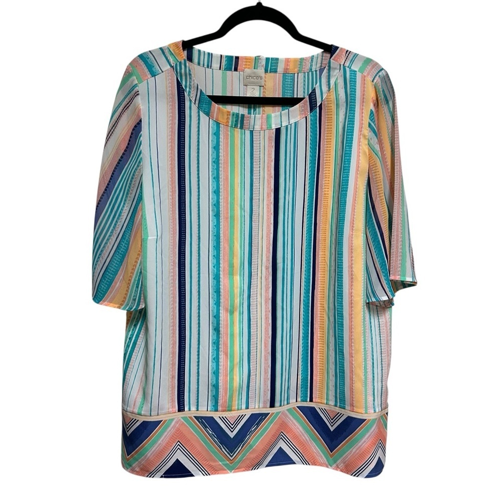 Chico's Tunic Top Blouse Size Large Stripe Geometric Print Short Sleeve